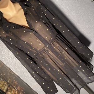 LANE BRYANT - tunic: peplum sheer black l/s button chest, lil gold stars - 14/16